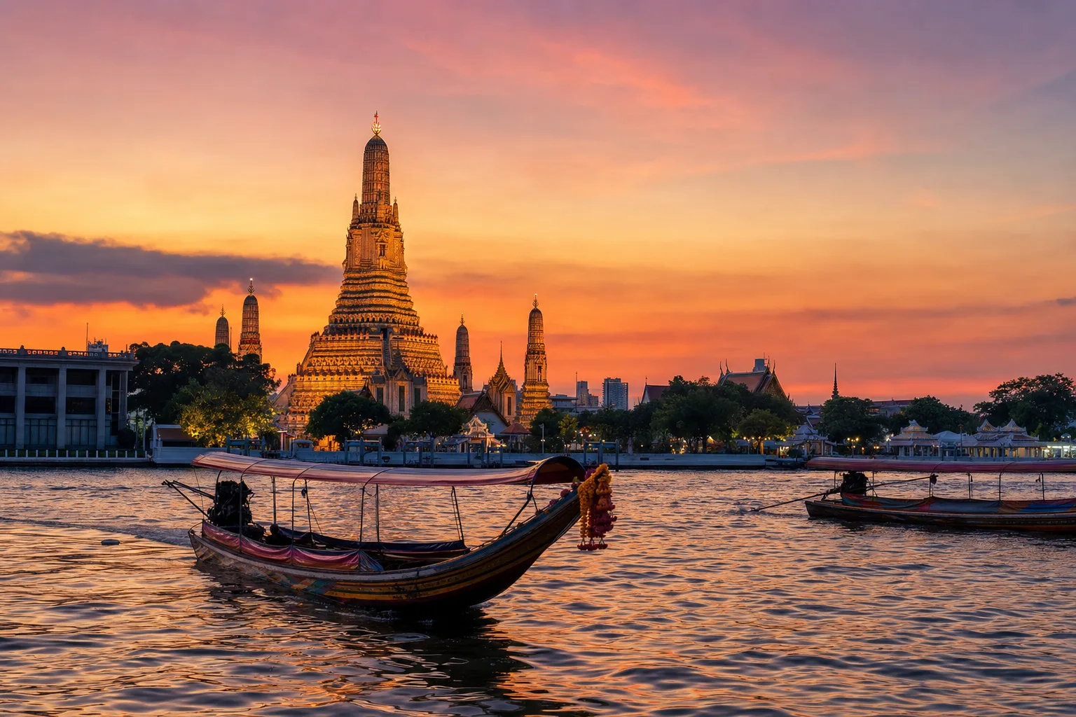 קו רקיע של בנגקוק בלילה עם נהר Chao Phraya וסירות