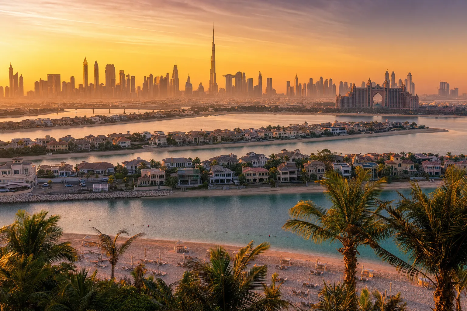 מבט אווירי על Dubai Marina בערב עם אורות הסקייליין