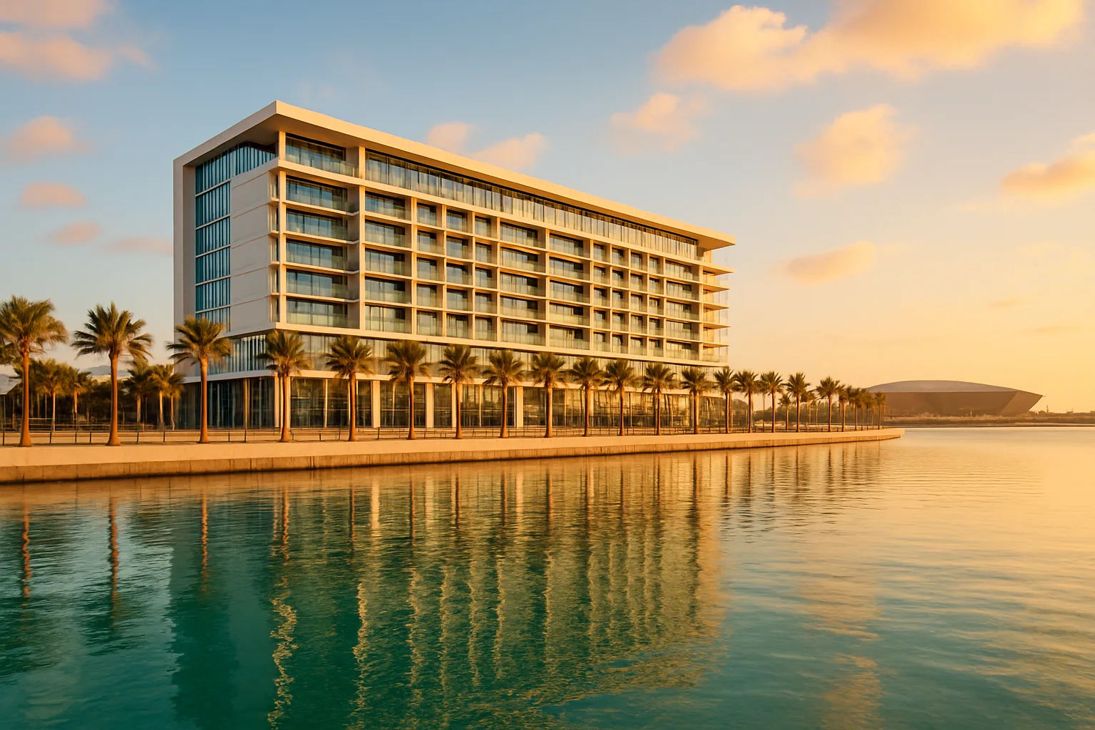 מלון Hilton Abu Dhabi Yas Island — חזית מודרנית על מתחם Yas Bay עם בריכה ראשית והנמל ברקע