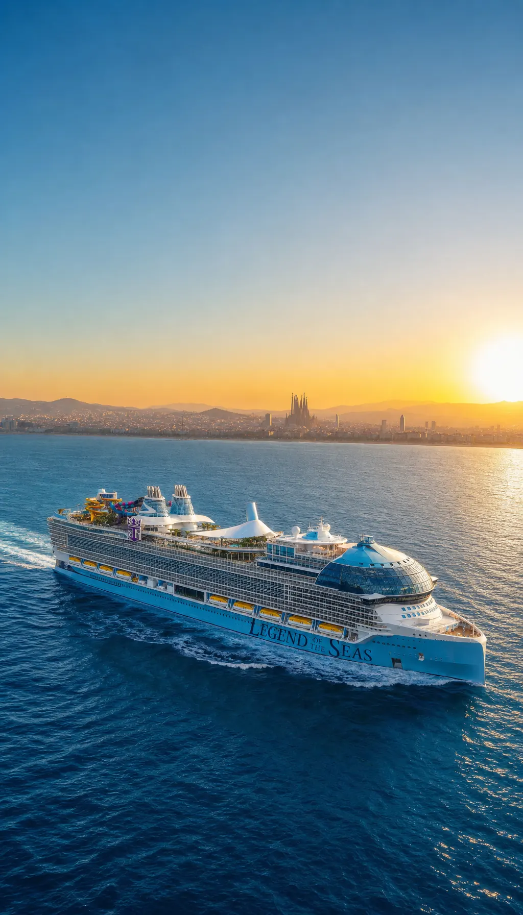 אוניית השייט Legend of the Seas מפליגה מול חוף ברצלונה בשקיעה