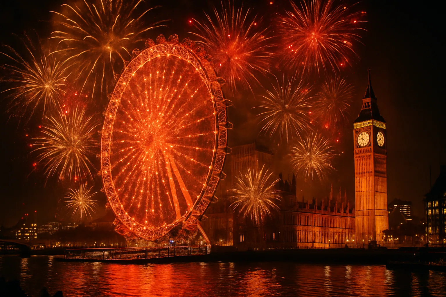 זיקוקי NYE מעל London Eye והתמזה